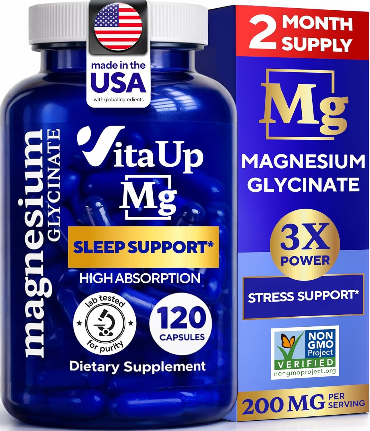 VitaUp Magnesium Glycinate 200mg – USA Made, Highly Absorbed, Non-GMO Magnesium for Relaxation, Deep Sleep, Bones & Heart – 200mg per Serving, 120 Vegan Capsules