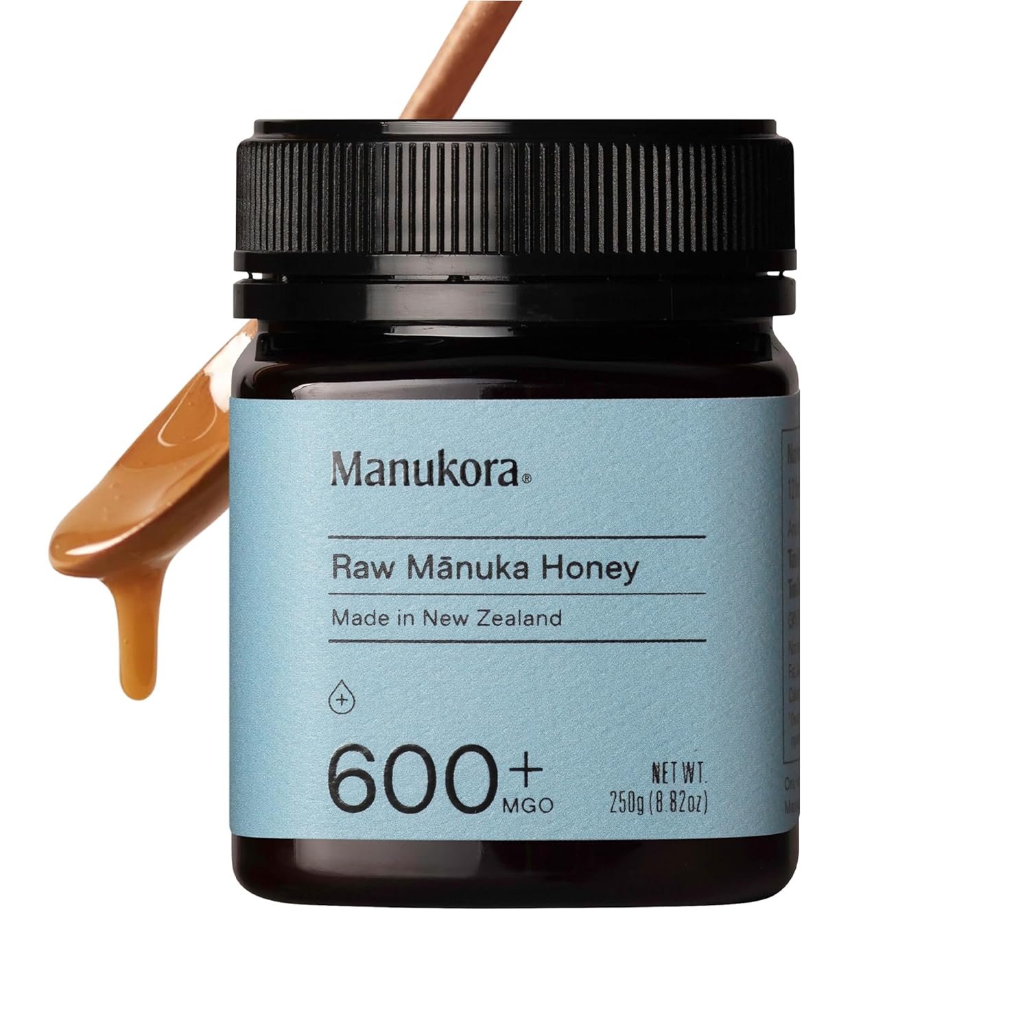 Manukora Raw Manuka Honey MGO 600+, New Zealand Honey, Superfood, 2000+ Natural Compounds, Non-GMO, Monofloral, 3rd-Party Tested, Glyphosate Residue Free, Traceable Hive-to-Hand, Immune and Gut Health Support, 250g
