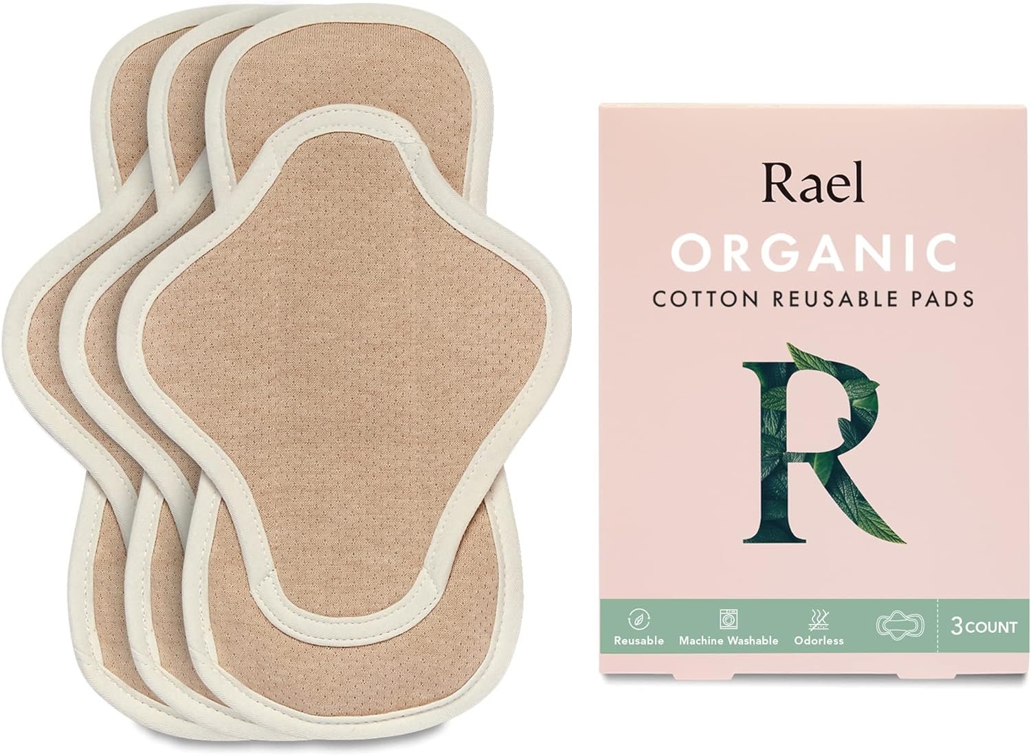 Rael Reusable Pads, Organic Cotton Cover – Postpartum and Period Essential, Moderate Absorbency, Thin Cloth, Leak-Free, Washing Machine Safe (3 Count, Regular)