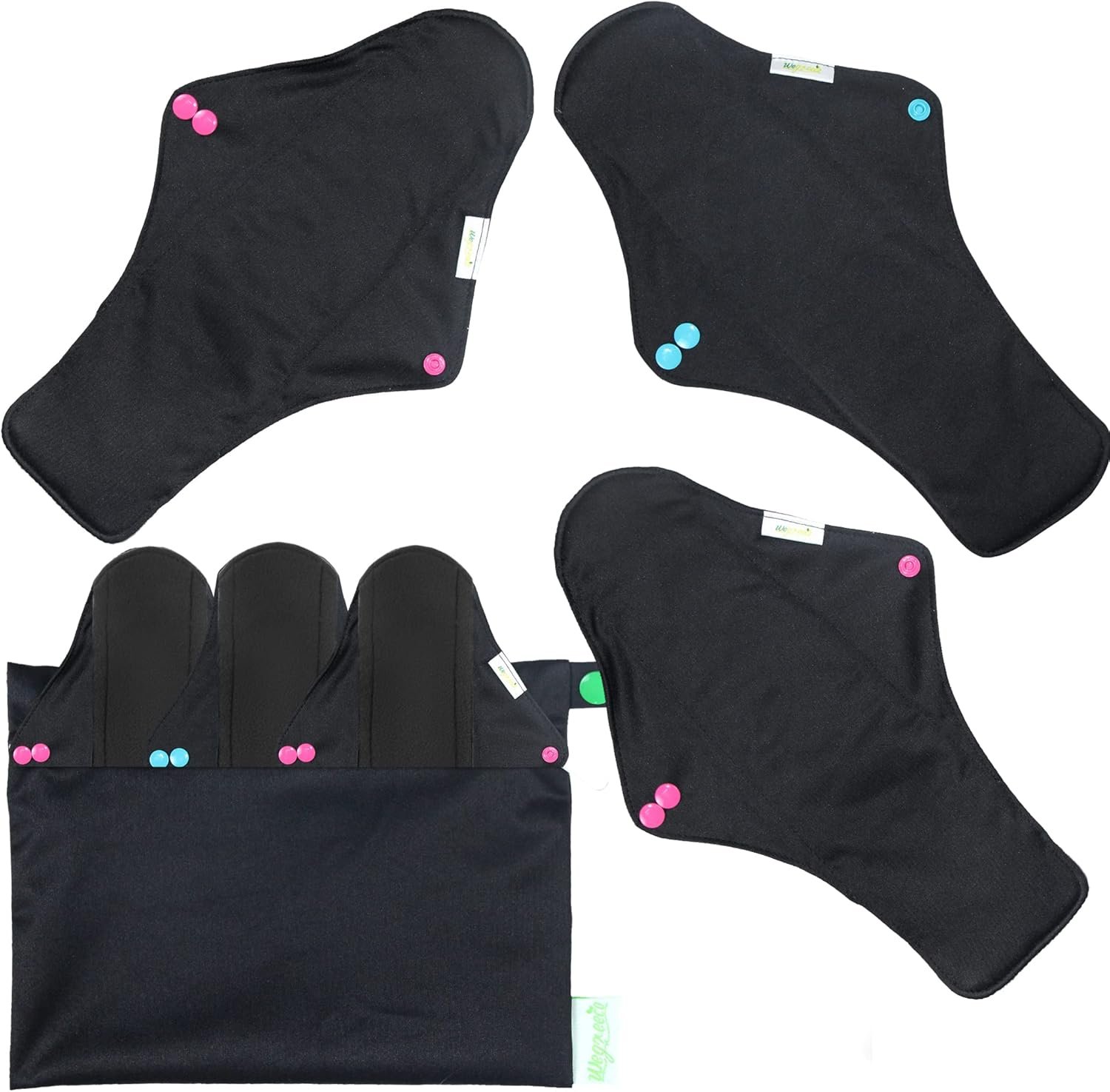 wegreeco Reusable Menstrual Pads – Reusable Sanitary Pads | Reusable Panty Liners | Soft Cloth Menstrual Pads – 6 Pack with 1 Cloth Mini Wet Bag (X-Large, Black)
