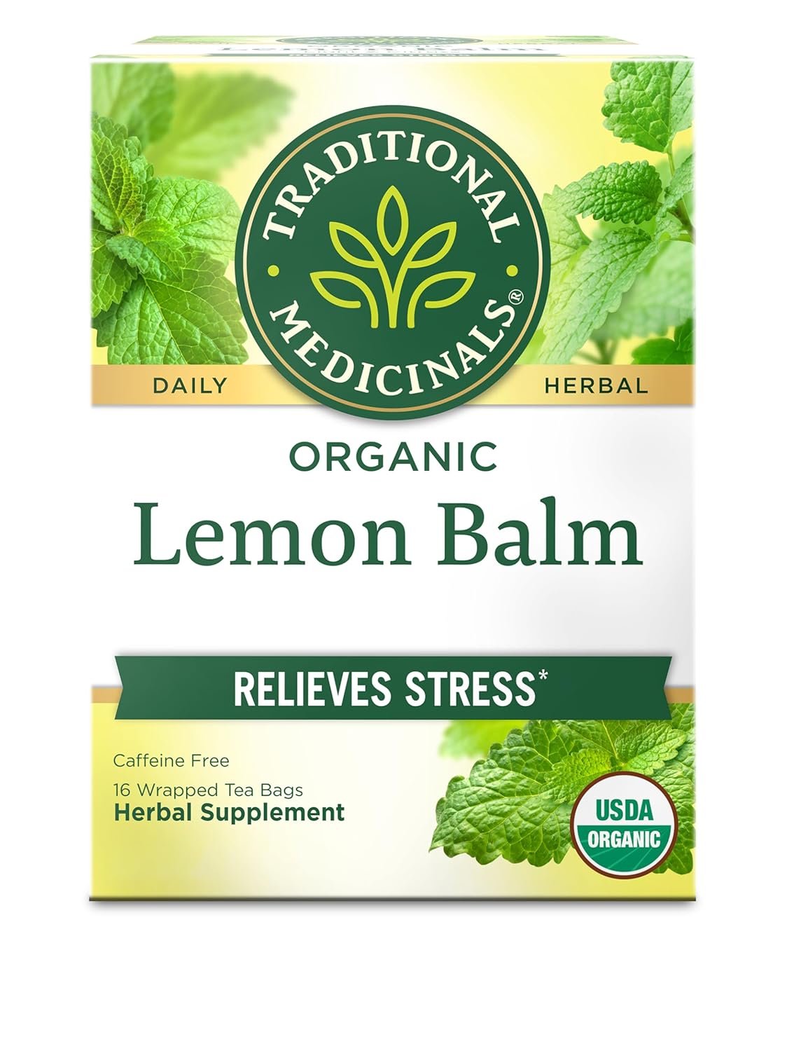Traditional Medicinals Organic, Lemon Balm – Supports Stress Relief & Digestive Health – Kosher, Non-GMO, Caffeine-Free, Compostable – 16 Tea Bags
