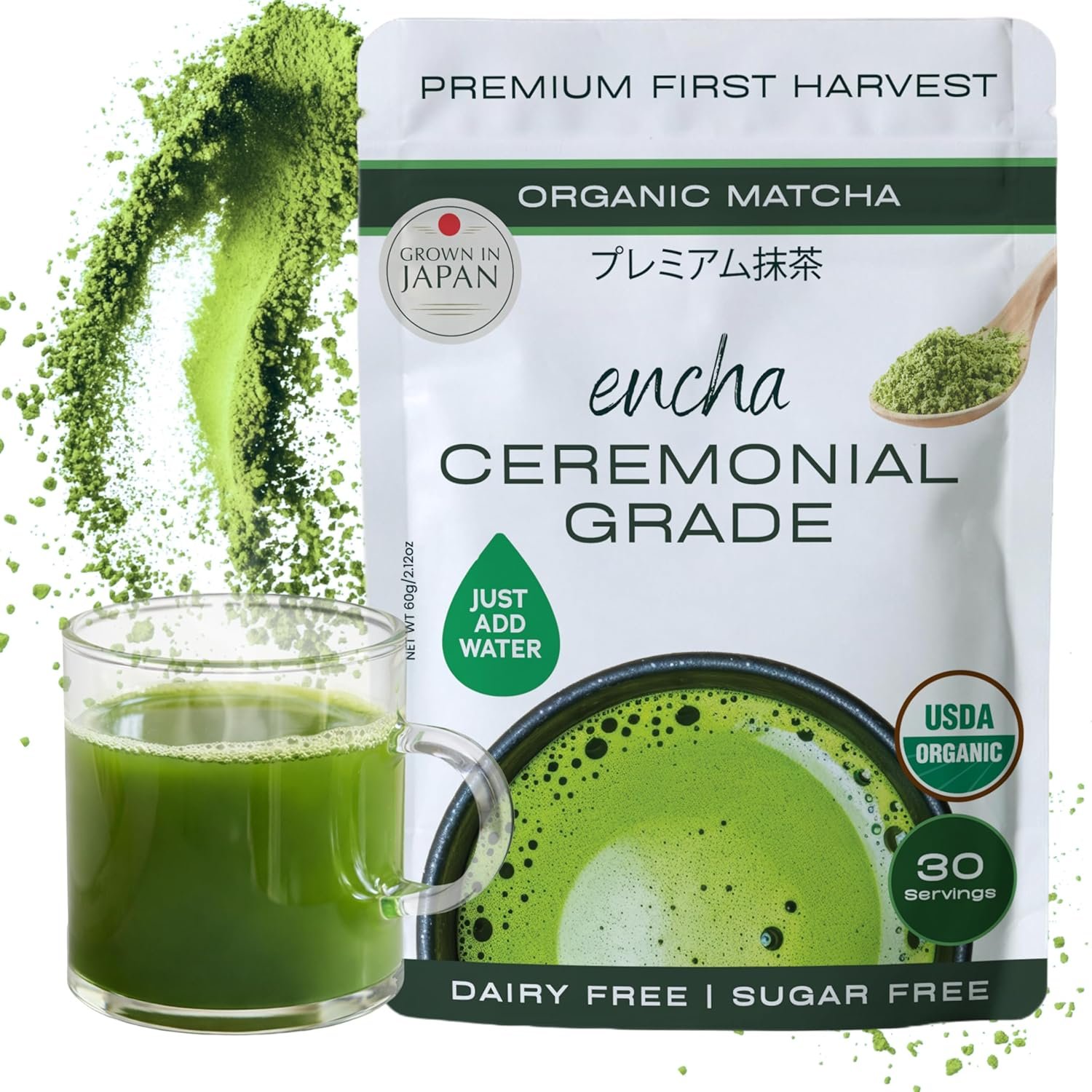 Encha Matcha – Ceremonial Grade Matcha Powder, Organic First Harvest Japanese Green Tea Powder, From Uji, Japan (60g/2.12oz)