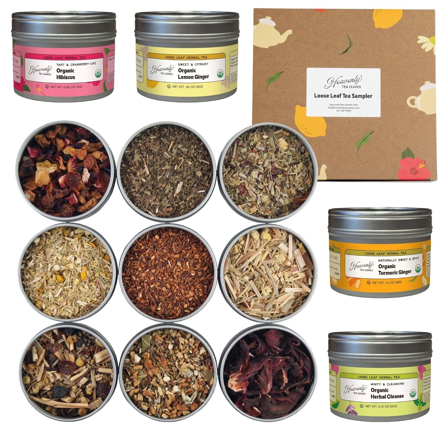 Heavenly Tea Leaves Organic Herbal Loose Leaf Tea Sampler Gift Set (Approx. 90 Cups) – 9 Flavor Variety Pack, Naturally Caffeine Free Tisanes, Assorted Herbal Teas, Hot or Iced