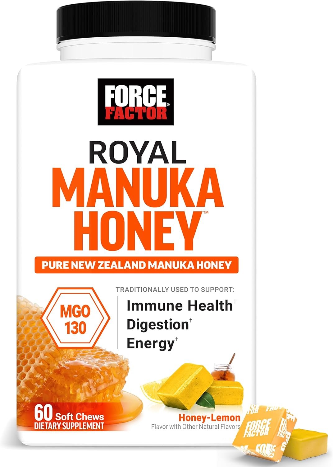 Force Factor Royal Manuka Honey, Pure New Zealand Manuka, Support Immune Health, Digestion & Energy, MGO 130, Sustainably Sourced, Honey-Lemon, 60 Soft Chews