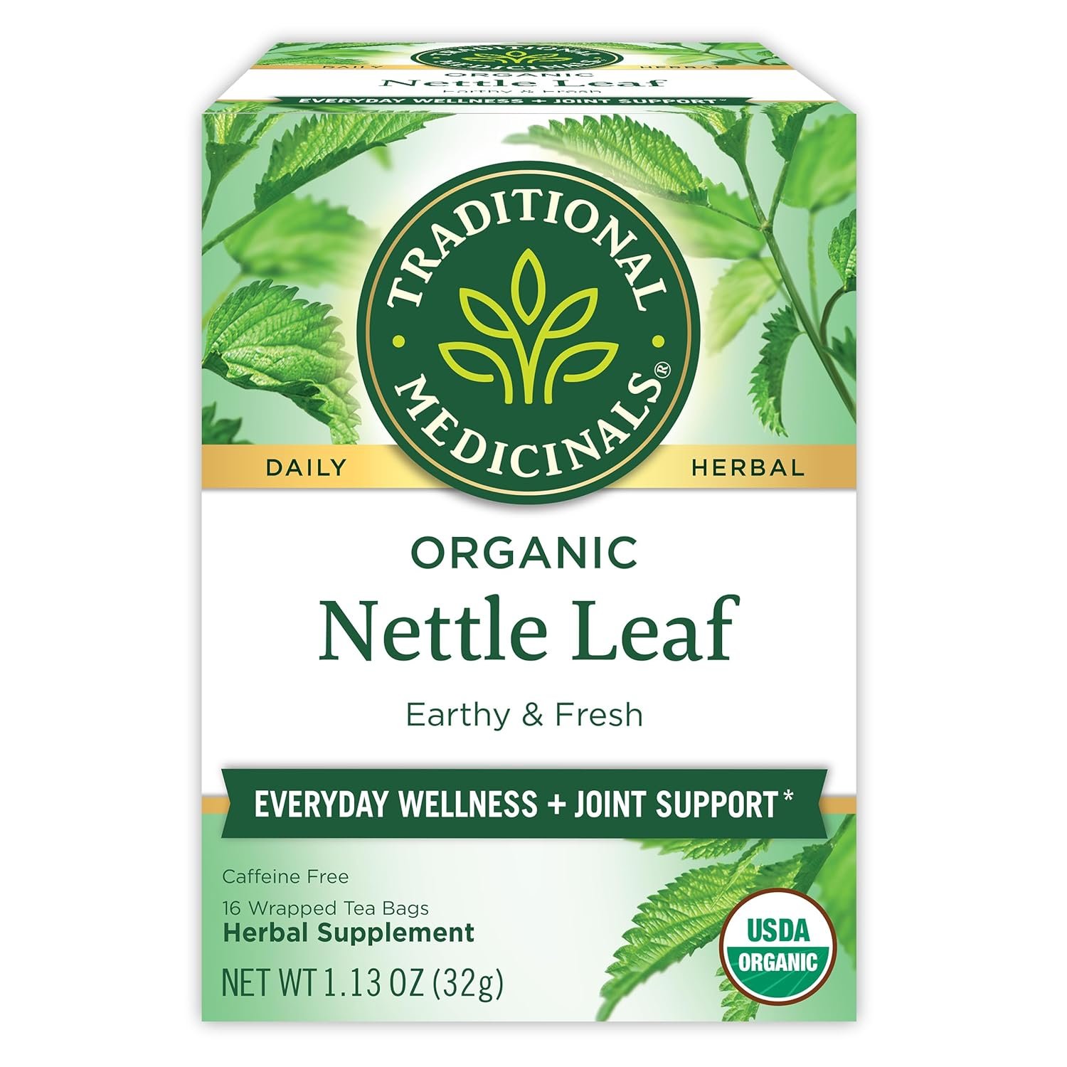 Traditional Medicinals Organic, Nettle Tea – Supports Joint Health & Overall Wellness with Stinging Nettle – Kosher, Non-GMO, Caffeine-Free, Compostable – 16 Tea Bags
