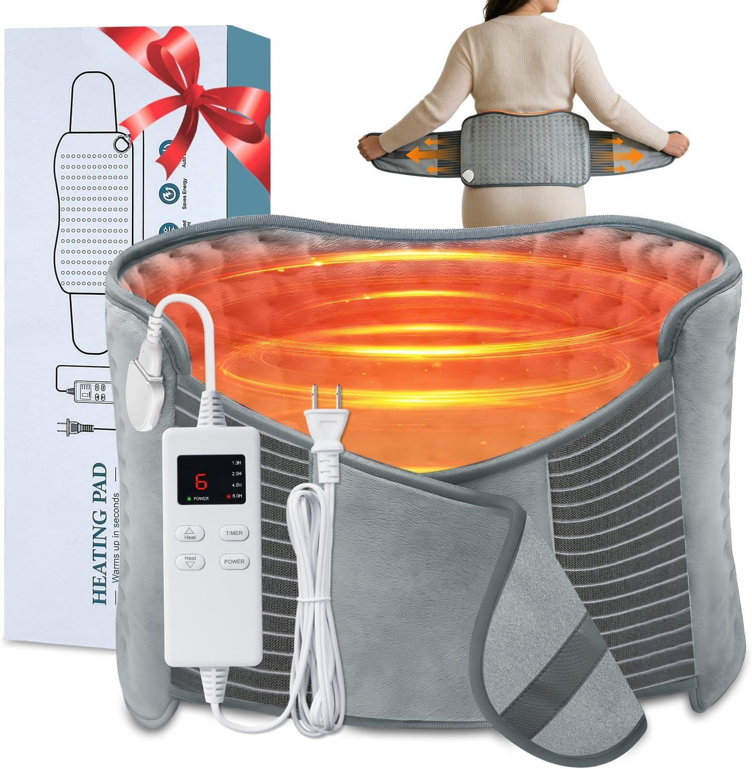 Heating Pad for Back Pain Relief, 12″ x 24″ + 26″ XL Electric Heating Pad for Period Cramps with Loop Fastener for Hands-Free 360 Fit, 4 Timers & 6 Temperatures, Auto Shut-Off, Machine Washable