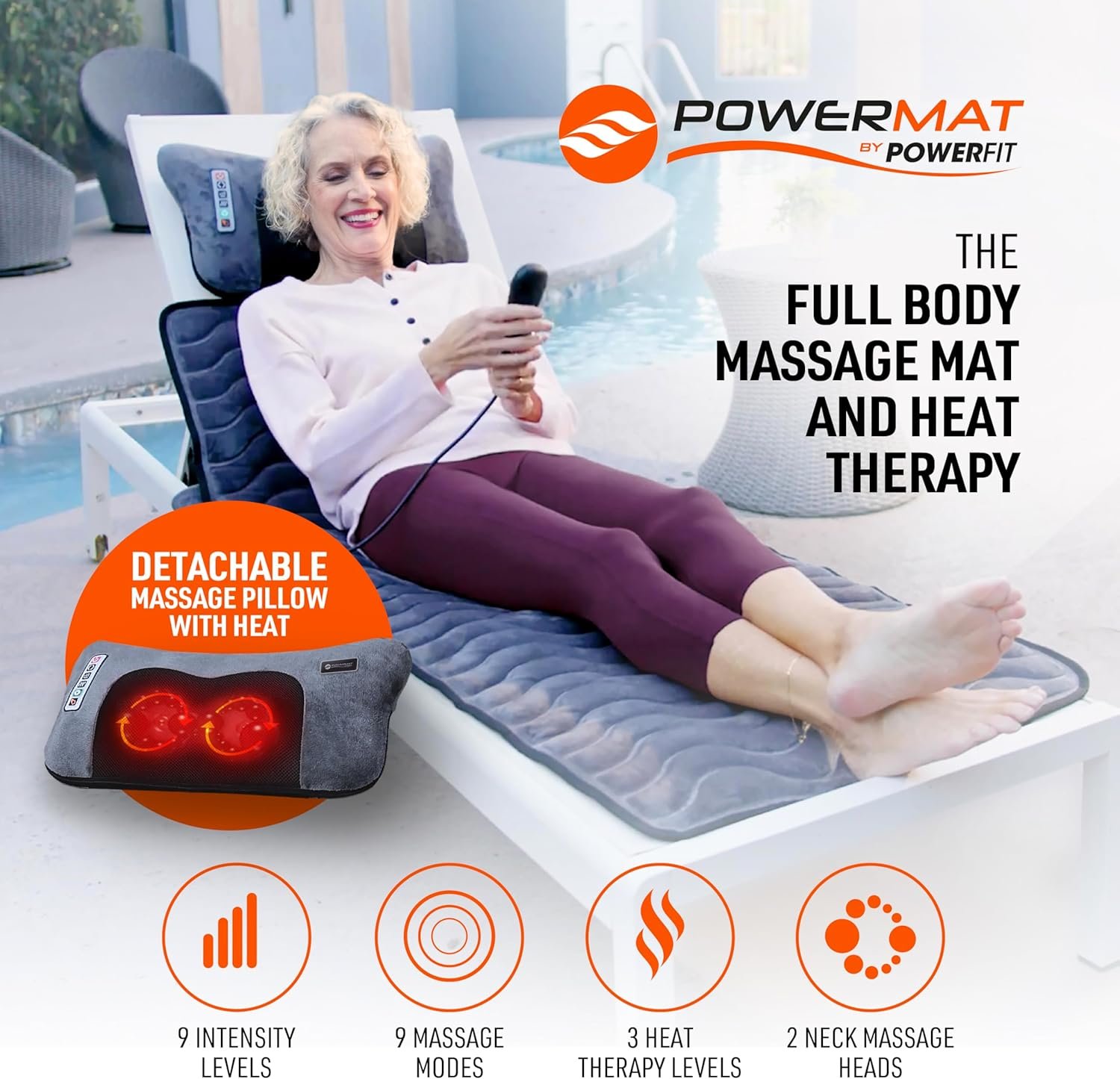 Powermat by Powerfit – Full Body Massage Mat with Detachable Massage Pillow, 9 Intensity Levels, 9 Massage Modes & 3 Heat Therapy Settings | Alleviates Muscle Pain, Improves Circulation, Stress Relief
