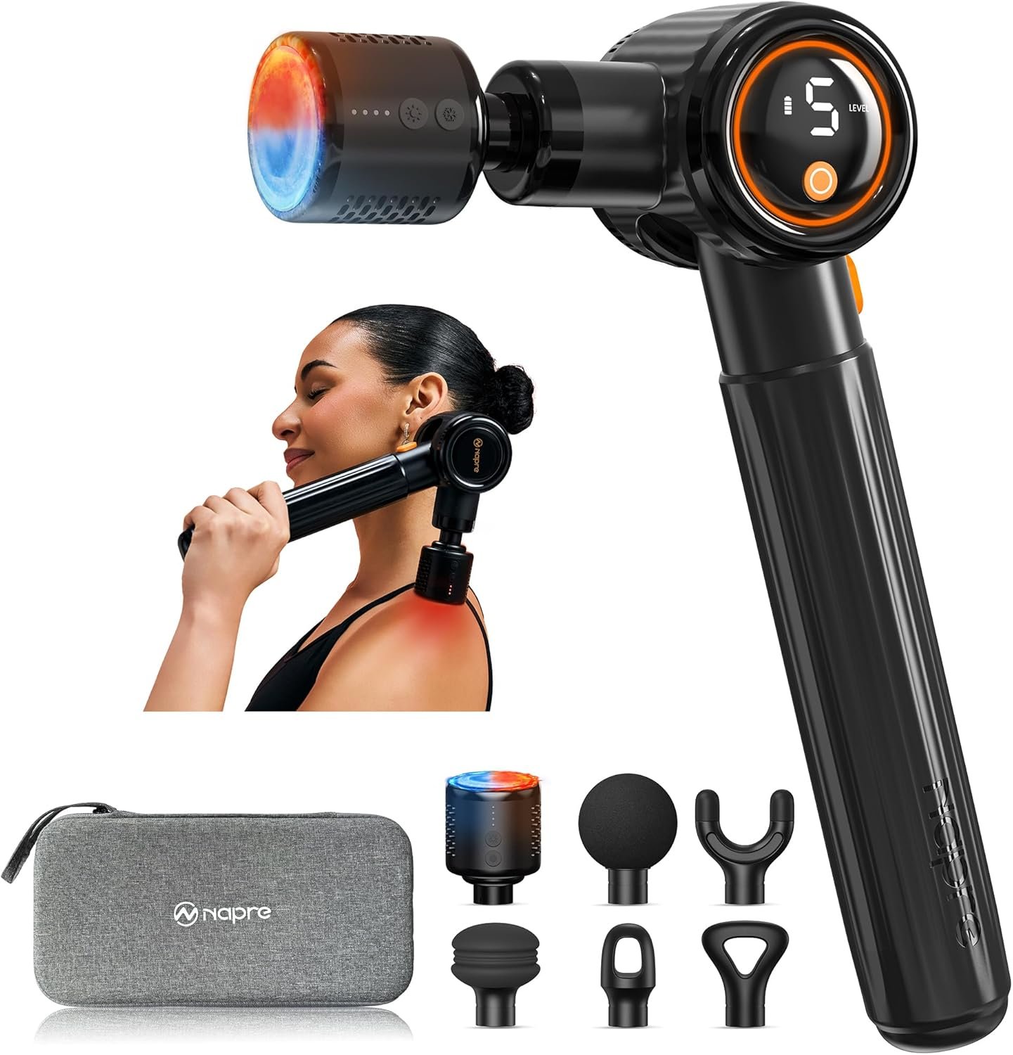 NAPRE Massage Gun with Heat and Cold,Massage Gun Deep Tissue with Extension Handle & 3 Adjustable Angles,Handheld Percussion Back Massager for Muscle/Neck/Body Pain Relief,6 Heads,with Case