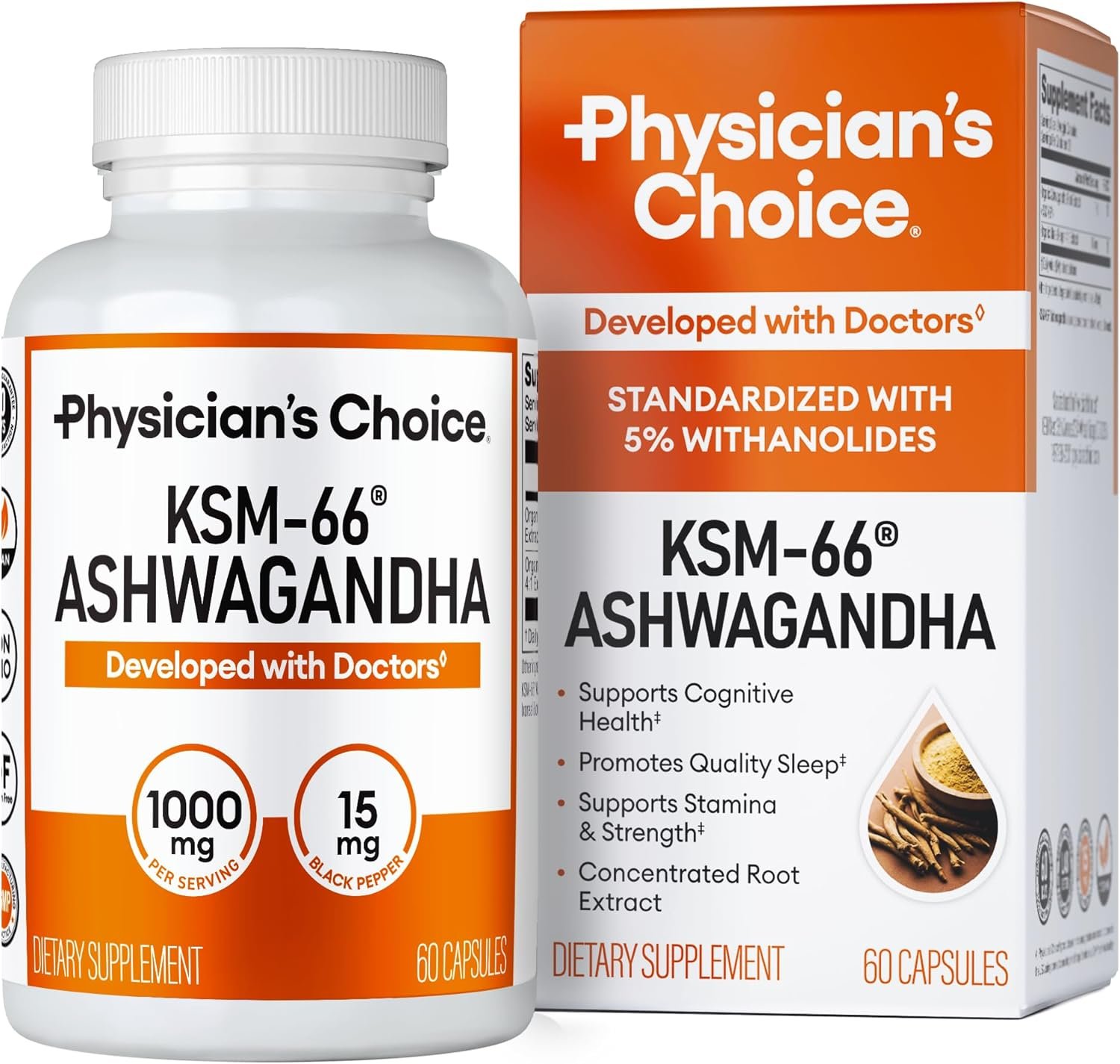 Physician’s CHOICE KSM-66 Ashwagandha Root Powder Extract 1,000mg – Organic – with Black Pepper for Maximum Absorption – 5% Withanolides – Stress, Mood & Athletic Support – 60 Vegan Capsules