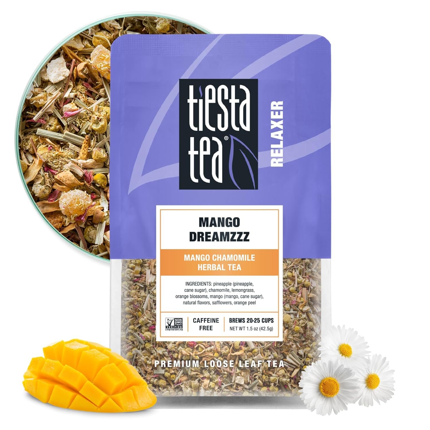 Tiesta Tea – Mango Dreamzzz Chamomile Loose Leaf Herbal Tea, Relaxing Chamomile & Lemongrass Blend, Caffeine-Free, Brew Hot or Iced, Makes Up to 25 Cups, Resealable Pouch, 1.5 Ounce