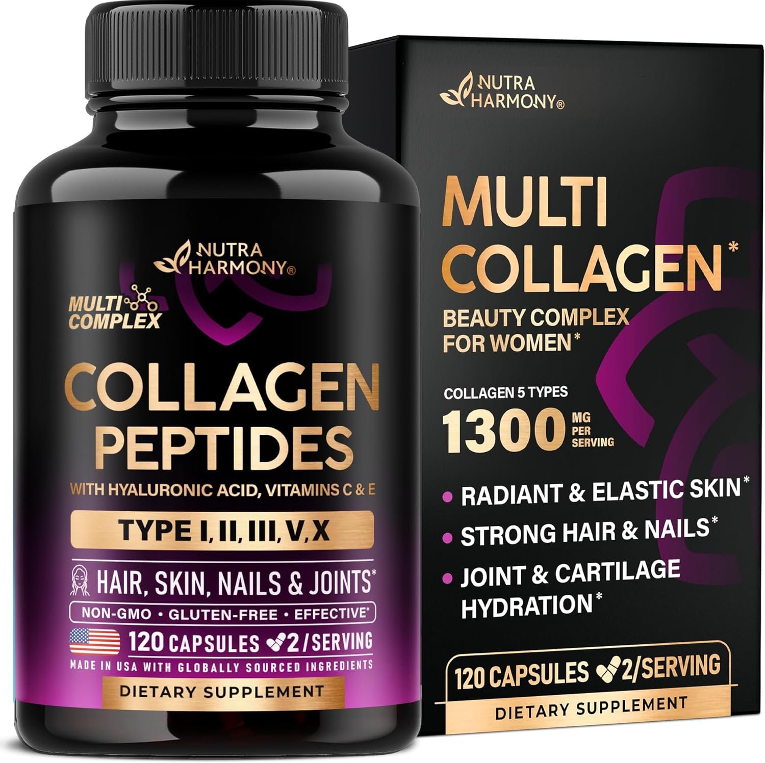 Multi Collagen Peptides – Hydrolyzed Types I, II, III, V & X – Collagen Supplement for Women 1300mg – w/ Hyaluronic Acid, Vitamins C & E – Skin, Hair, Nails & Joint Support – Lab Tested – 120 Capsules
