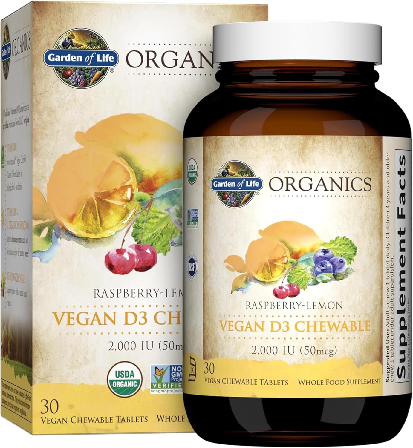 Garden of Life Organics Vegan Vitamin D3 Chewable – Raspberry Lemon, 2,000 IU (50mcg) Whole Food Vitamin D3 from Lichen Plus Food & Mushroom Blend, Gluten Free, 30 Chewable Tablets