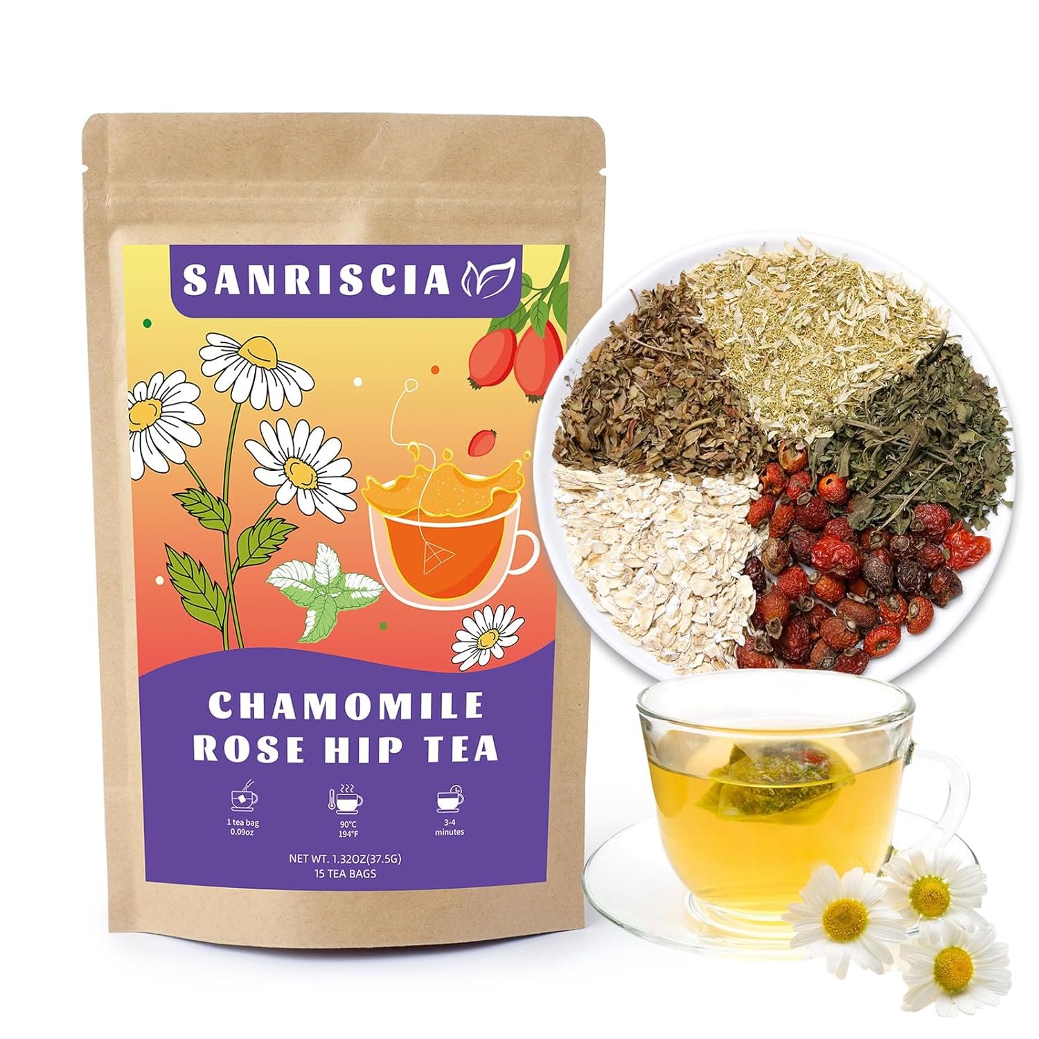 Raspberry Leaf Tea Bags | Contains Chamomile and Rose, Eases Menstrual Cramps & Supports Healthy Pregnancy,Caffeine Free Tea(15-Teabags)