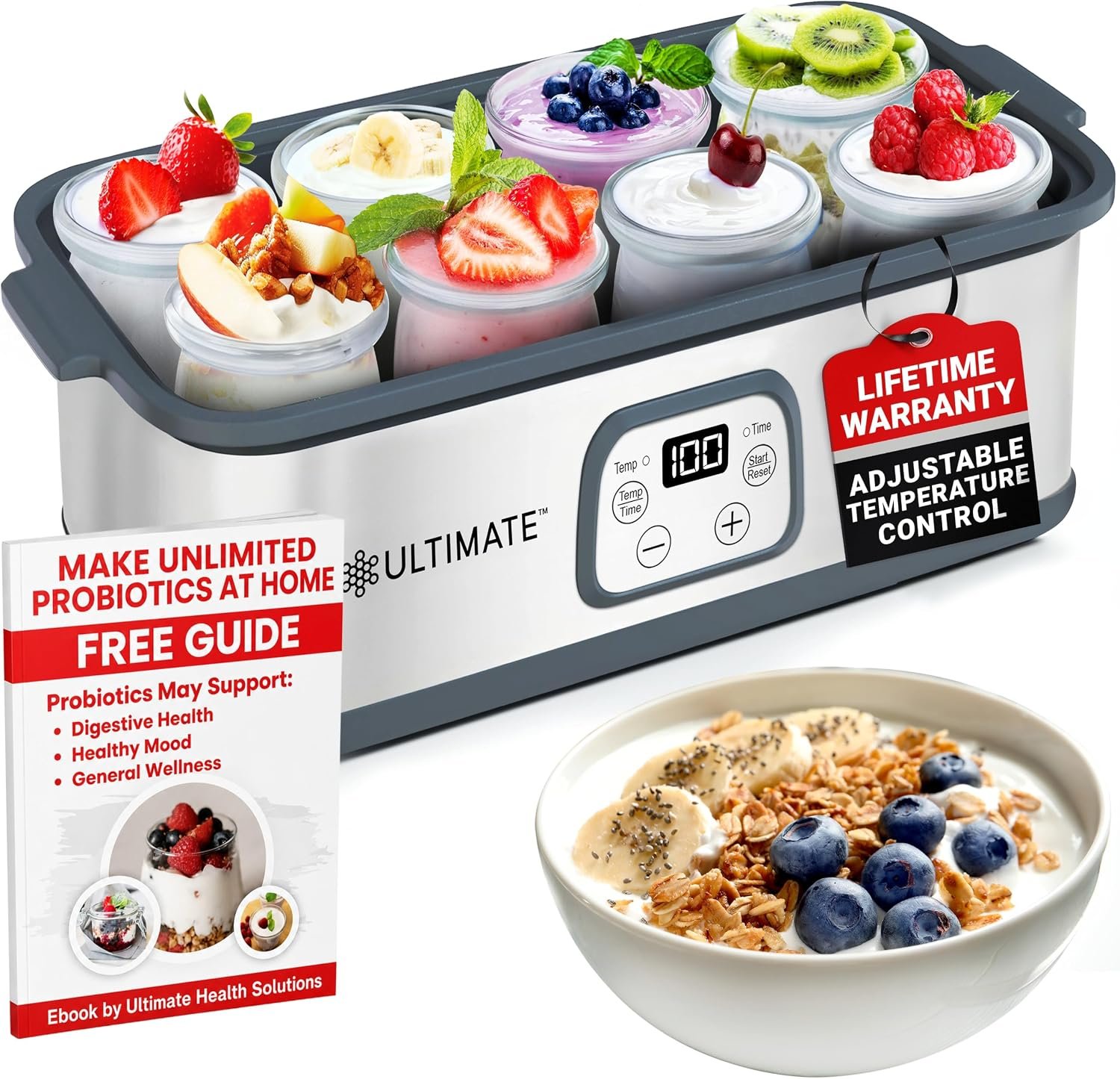 Ultimate Probiotic Yogurt Maker for Easy-to-Make Live Probiotics at Home with Adjustable Time & Temp Control, Best Kitchen Gift for Men & Women’s Gut Health, UNLIMITED LIFETIME WARRANTY (8-Jar Model)