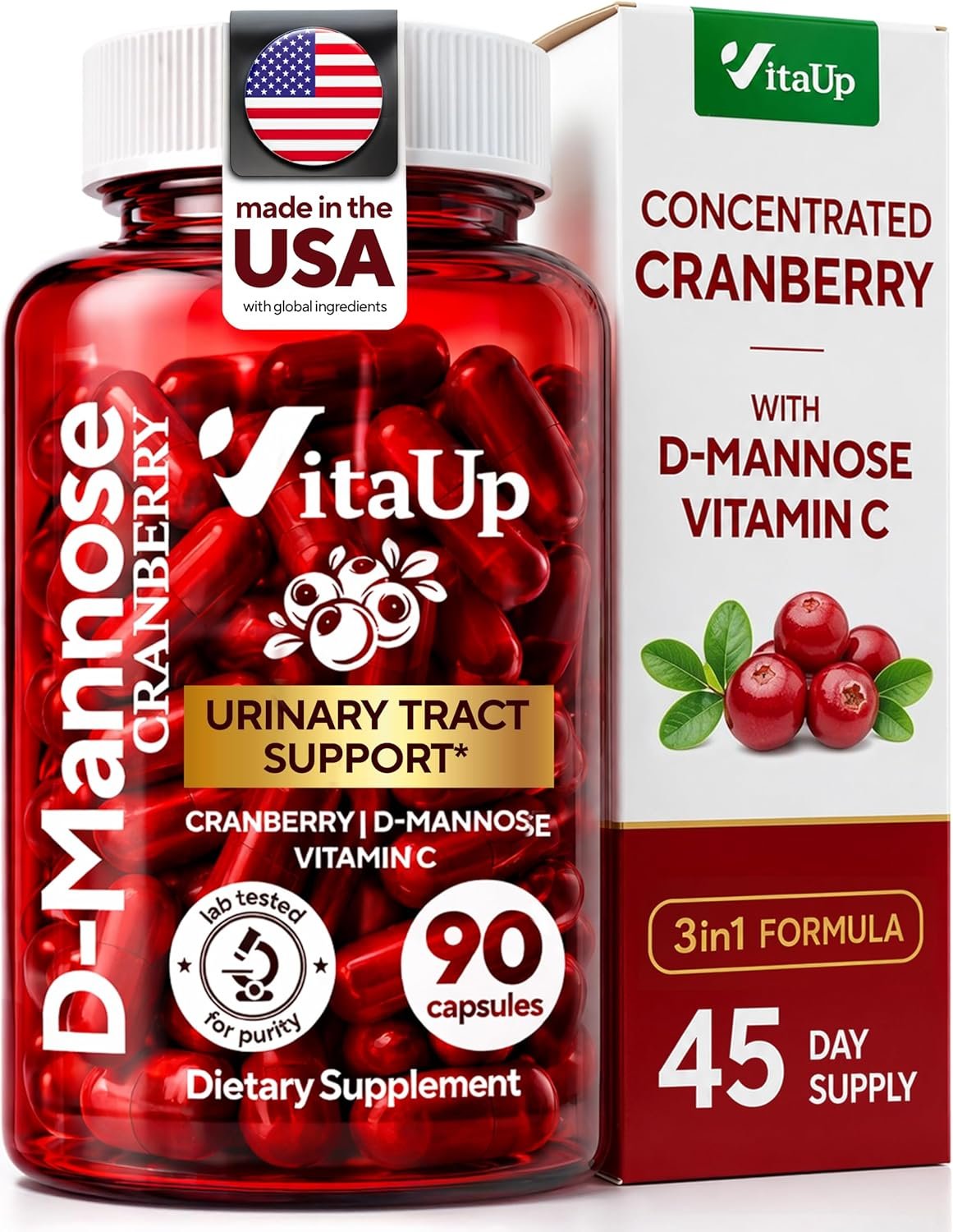 VitaUp D-Mannose & Cranberry Supplement for Women – USA Made Cranberry, Vitamin C & D-Mannose Supplement – Cranberry Capsules for Women for Urinary Tract & Bladder Support – 90 Vegan Capsules