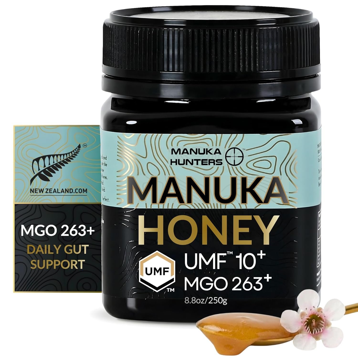 Manuka Hunters UMF 10+/MGO 263+ Certified New Zealand Manuka Honey – 100% Pure Natural Sweetener – Gluten, Dairy Free – Ideal for Tea, Coffee, Smoothies, and Baking – Sustainable – 8.8oz/250g Jar