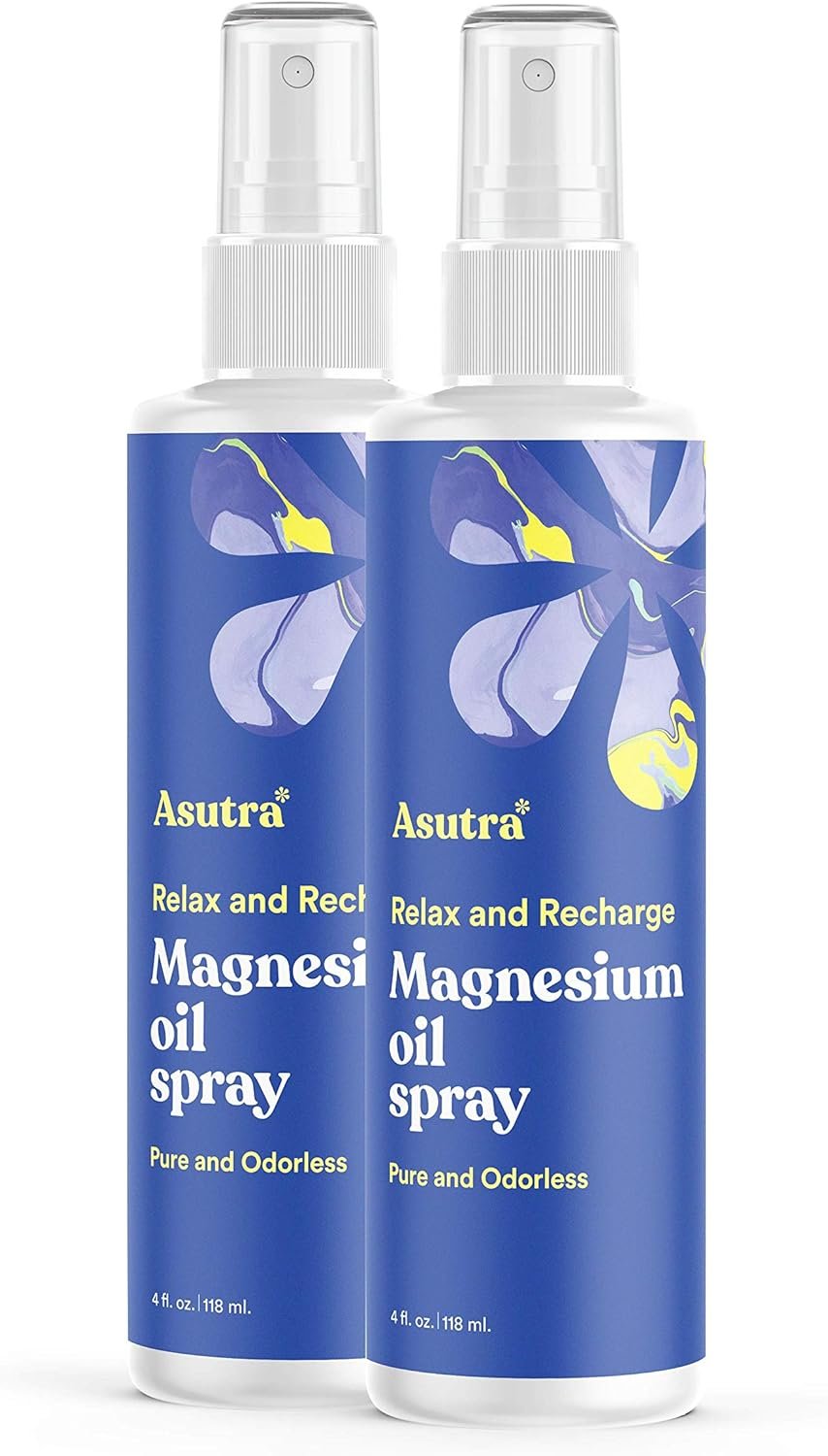 ASUTRA Zechstein Pure Magnesium Oil Spray for Feet and Leg Cramps, Topical Magnesium Spray for Tired Muscles and Better Sleep, Sensitive Skin Formula, Less Sting Less Itch (2 Pack, 4 Fl Oz)