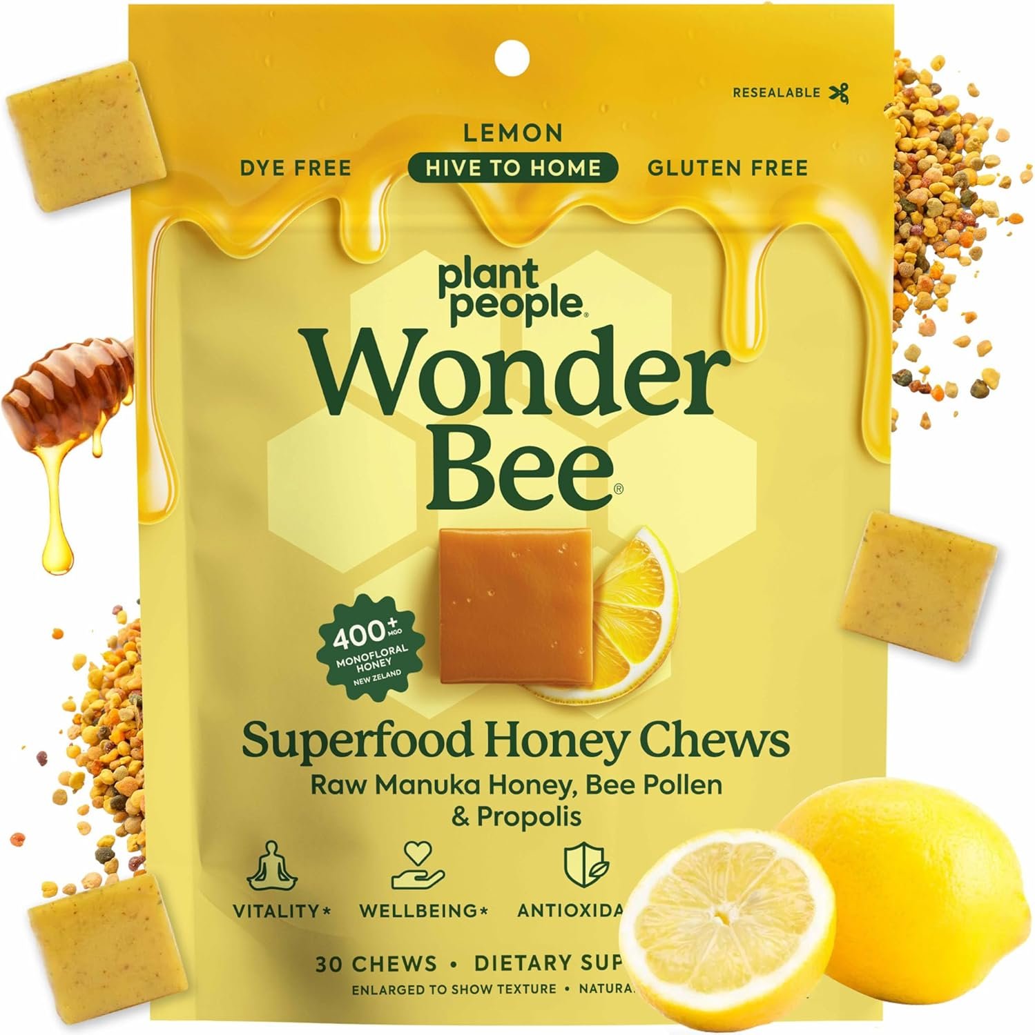 Plant People WonderBee Superfood Manuka Honey Chews – Daily Wellness & Energy Support – Bee Pollen & Propolis – Gluten-Free Supplement – Lemon (30 Count)