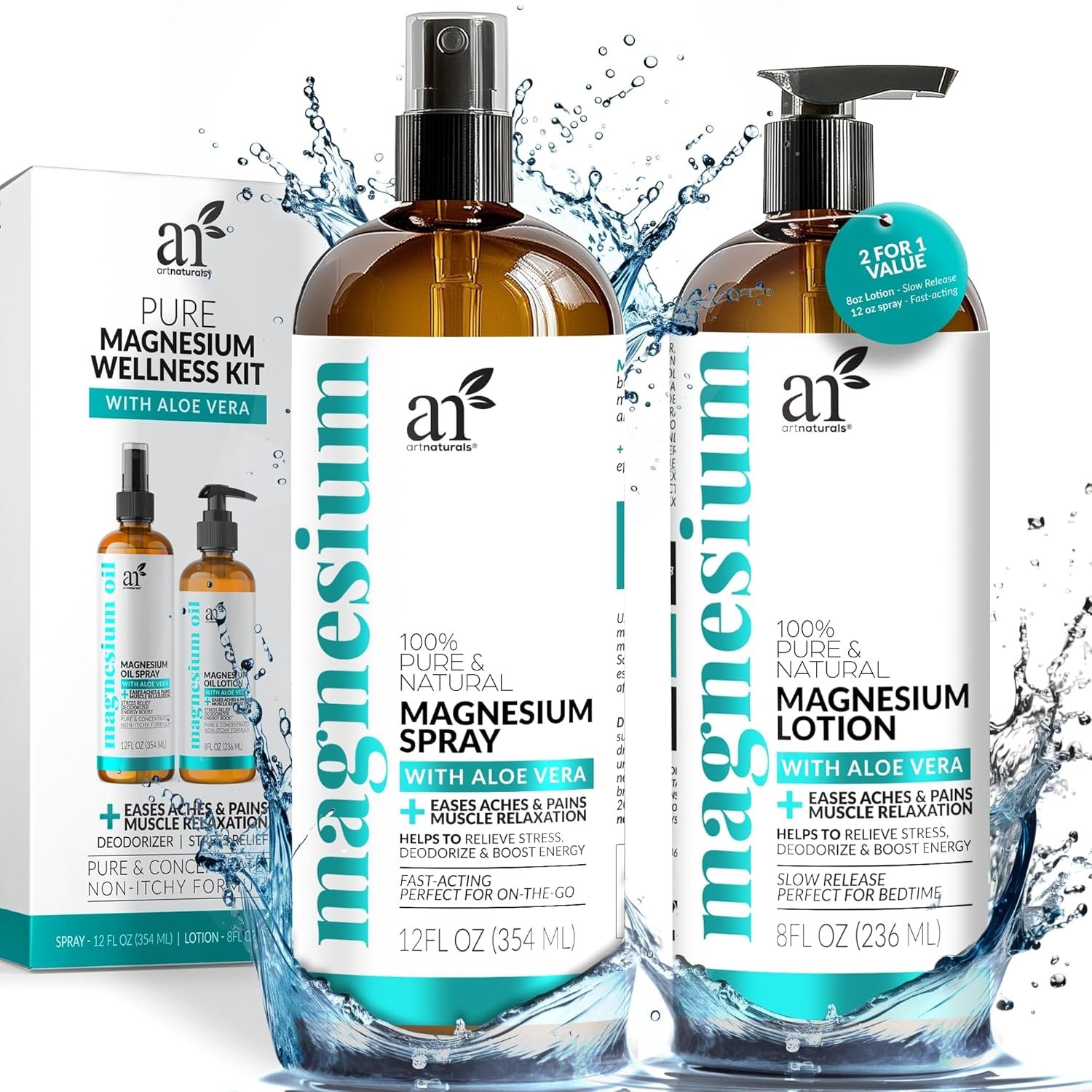 ArtNaturals Magnesium Oil Spray 12 oz + Body Massage Lotion Set 8oz for Feet & Sleep – Extra Strength Cream Ultra-Pure, Relief & Relaxation, Muscle Health Leg & Joint Care Topical Non Itch