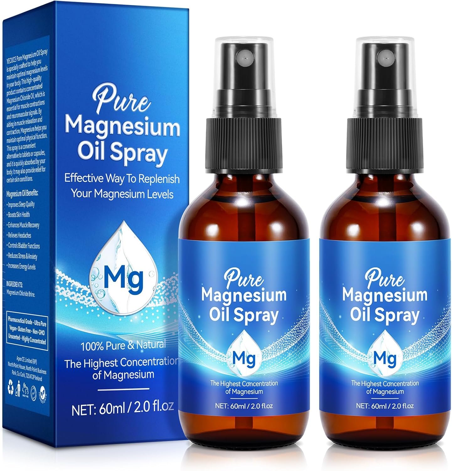 Pure Magnesium Oil Spray, Magnesium Oil for Feet Natural & Organic Magnesium Spray Glass Bottle, Easy to Absorb & Use, Topical Magnesium Oil (4 Fl Oz, 2pcs)