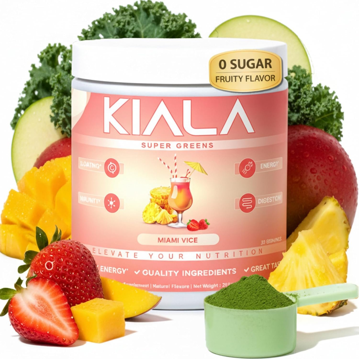 Kiala Nutrition Super Greens, Organic Greens Powder with Spirulina & Chlorella for Digestion, Gut Health, Immunity, Energy, Gluten Free, Vegan, Sugar Free, Spectra Blend, Miami Vice Flavor 30 Servings