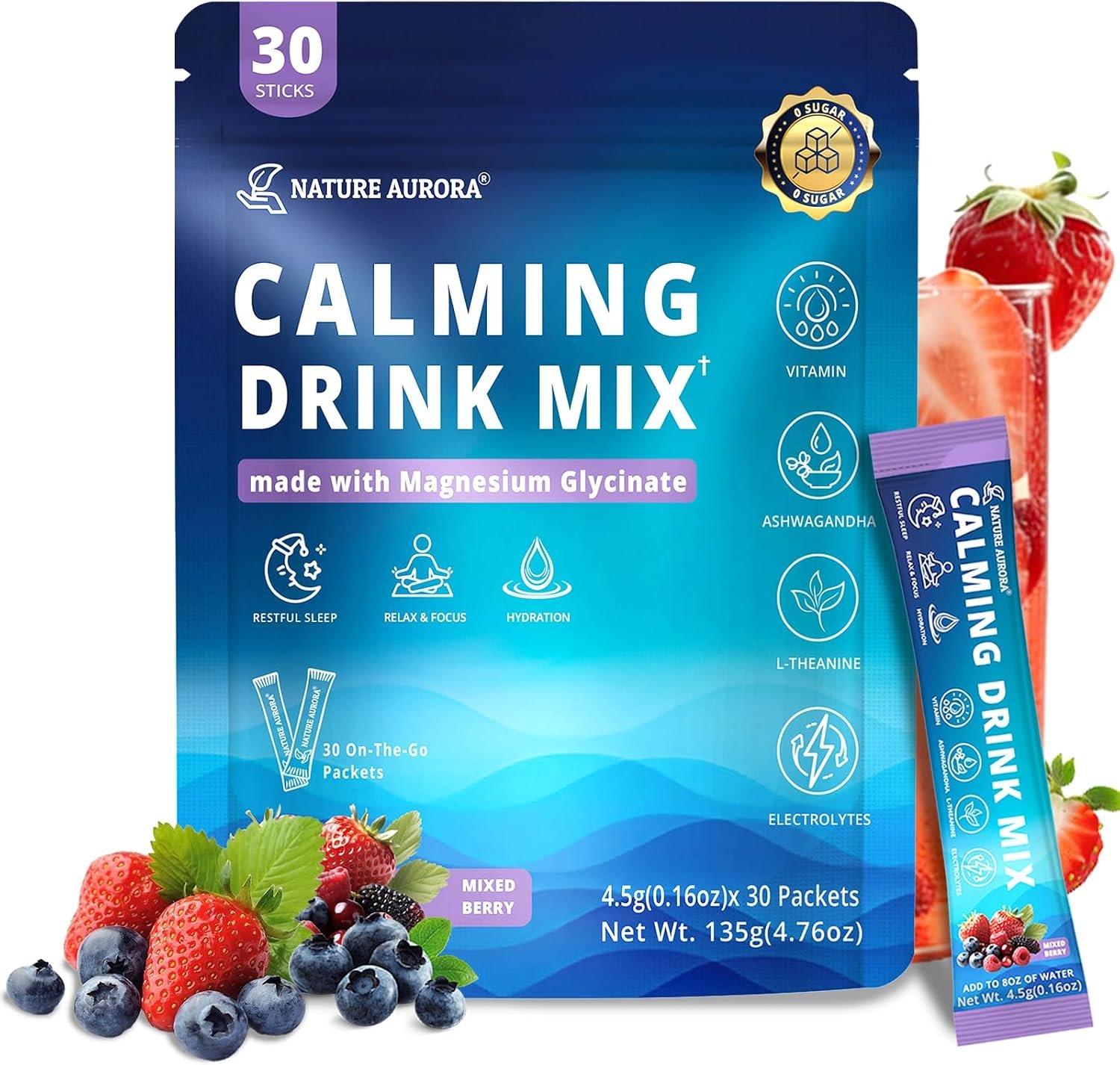 Cortisol Powdered Drink Mix with Magnesium Glycinate, Ashwagandha, L-Theanine, Vitamin & Electrolytes, Sugar Free Magnesium Supplement Blend for Stress Relief, Relax & Focus, Mixed Berry, 30 Packets